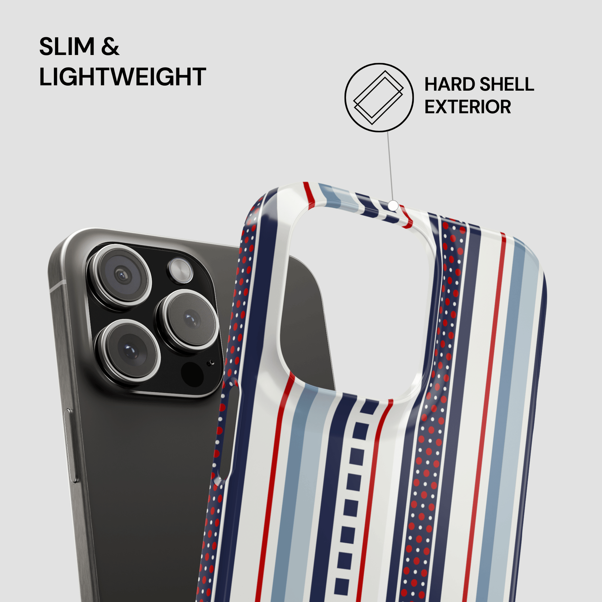 Phone case with striped design and text highlighting slim, lightweight, and hard shell exterior features.