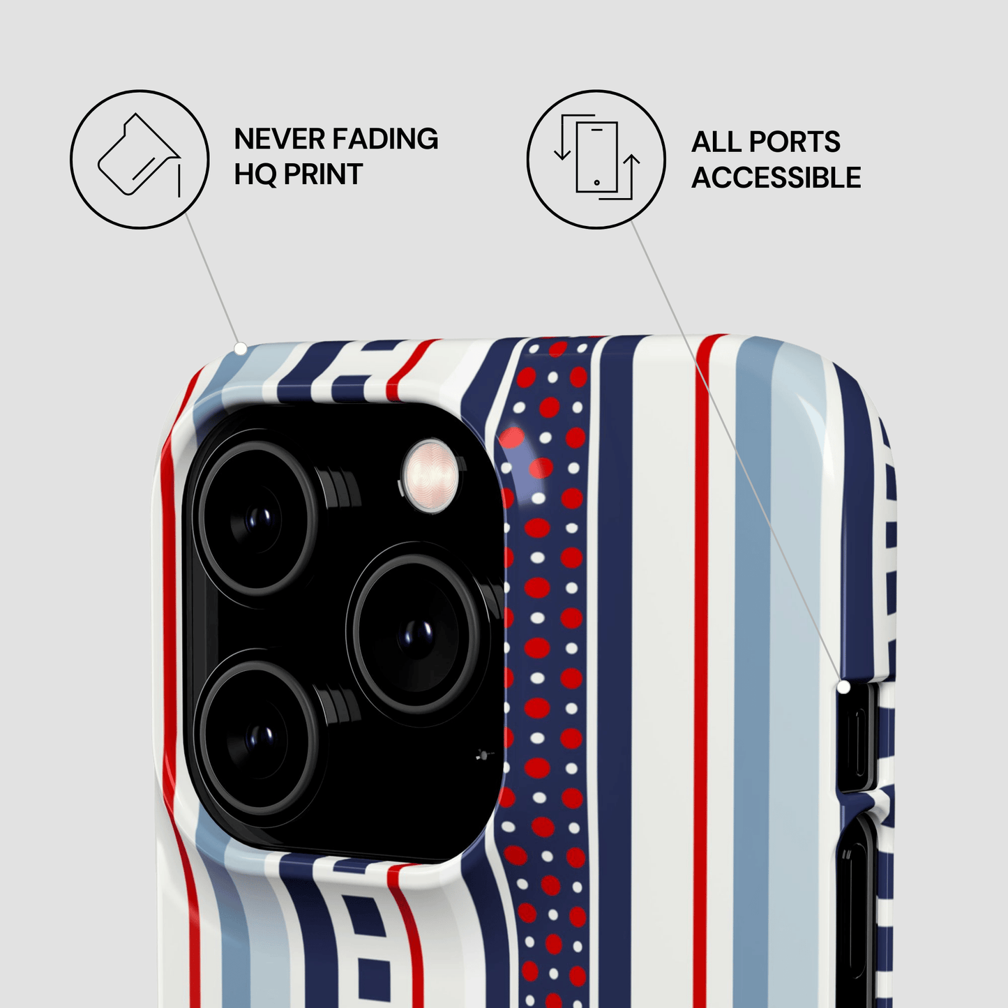 Phone case with striped pattern and text indicating features on a light gray background