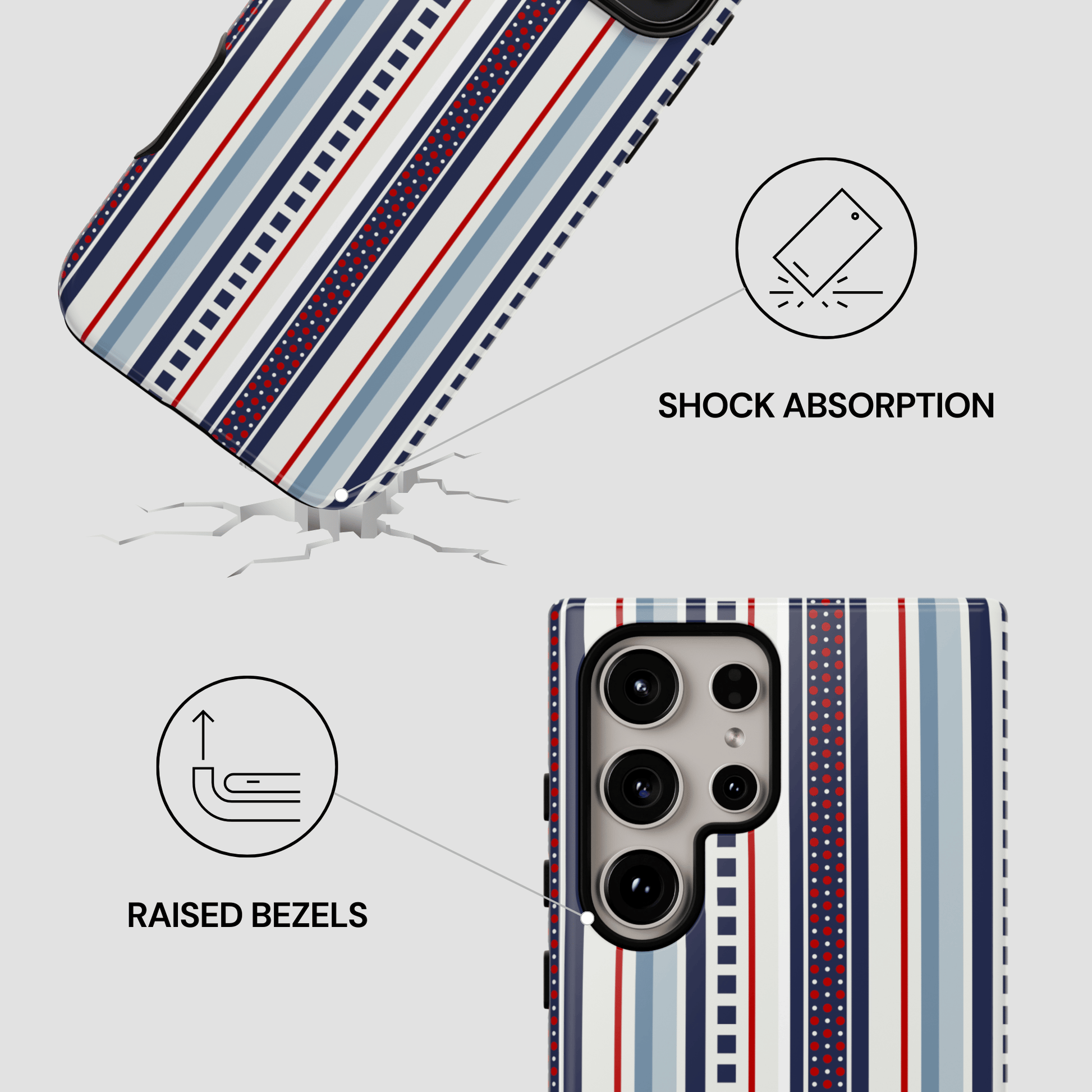 Phone case with striped design and text indicating shock absorption and raised bezels on a white background.