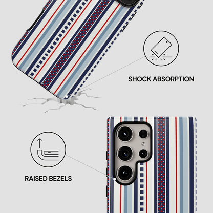 Phone case with striped design and text indicating shock absorption and raised bezels on a white background.