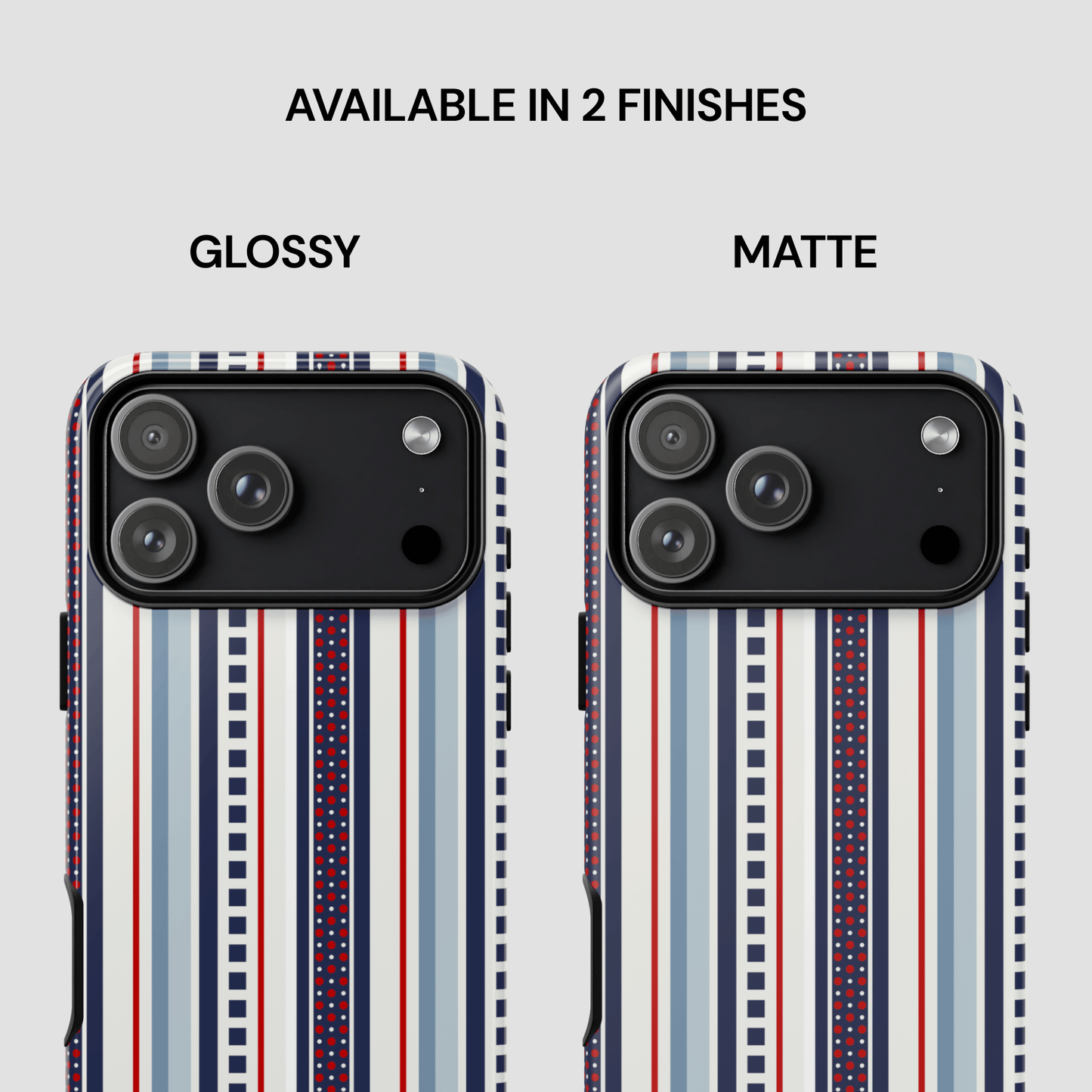 Two phone cases with striped design, one glossy and one matte, on a light gray background.