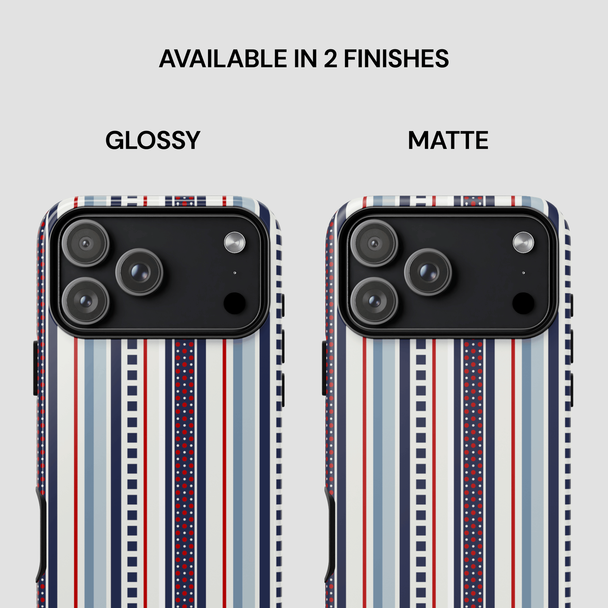 Two phone cases with striped design, one glossy and one matte, on a light gray background.