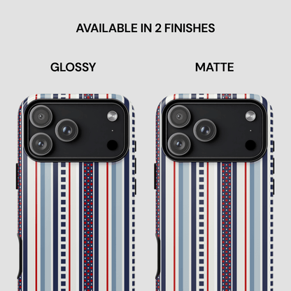 Two phone cases with striped design, one glossy and one matte, on a light gray background.