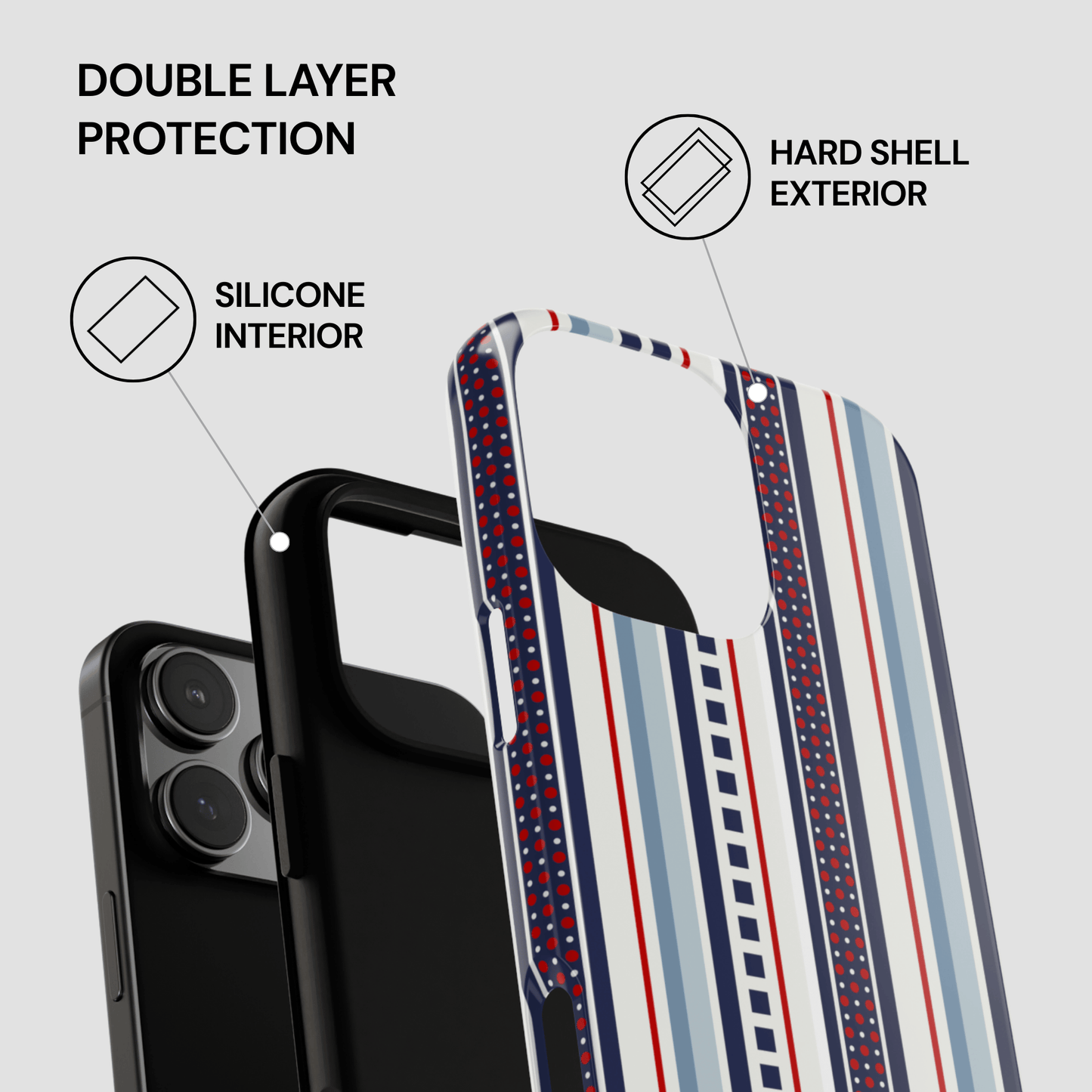 Phone case with double layer protection features on a white background