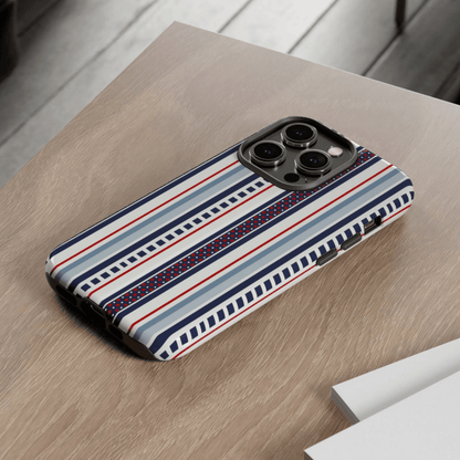 Phone case with striped pattern on a wooden surface