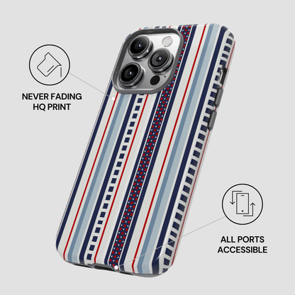 Phone case with striped design on a light gray background