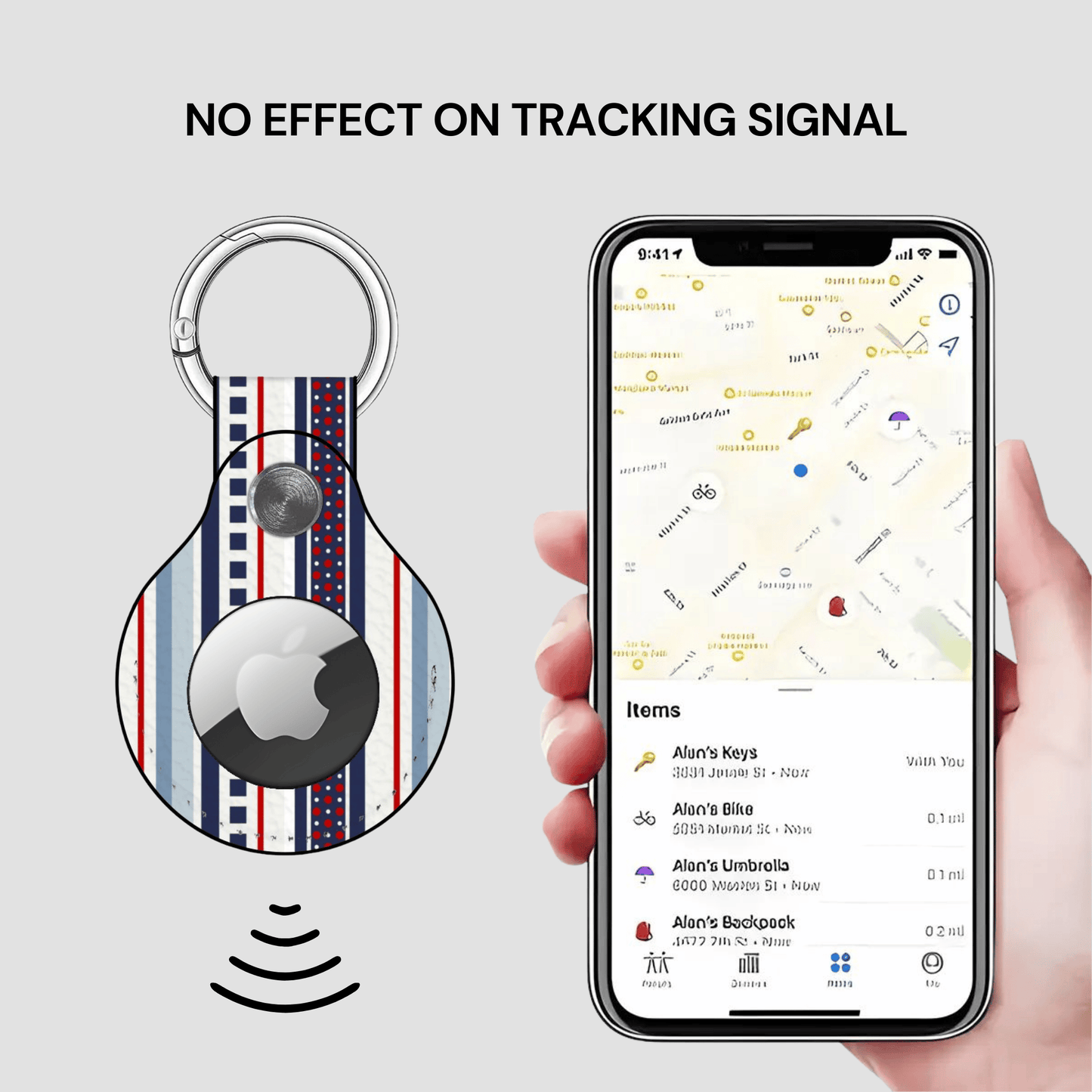 Smart keychain with a striped design and a phone displaying a location app.