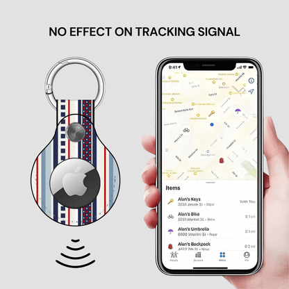 Smart keychain with a striped design and a phone displaying a location app.