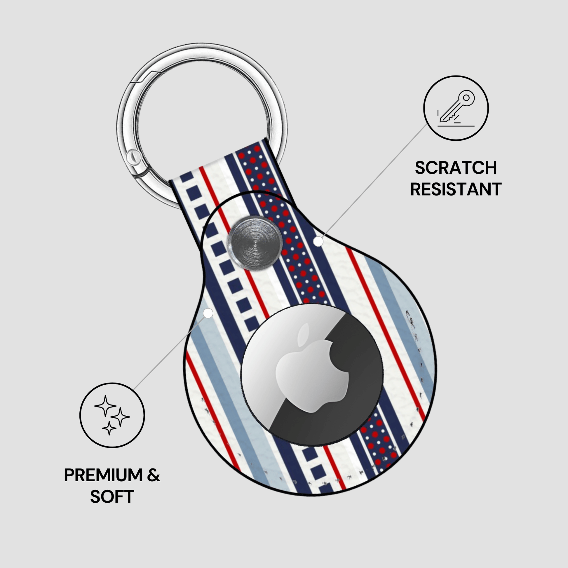 Keychain case with Apple logo on a gray background