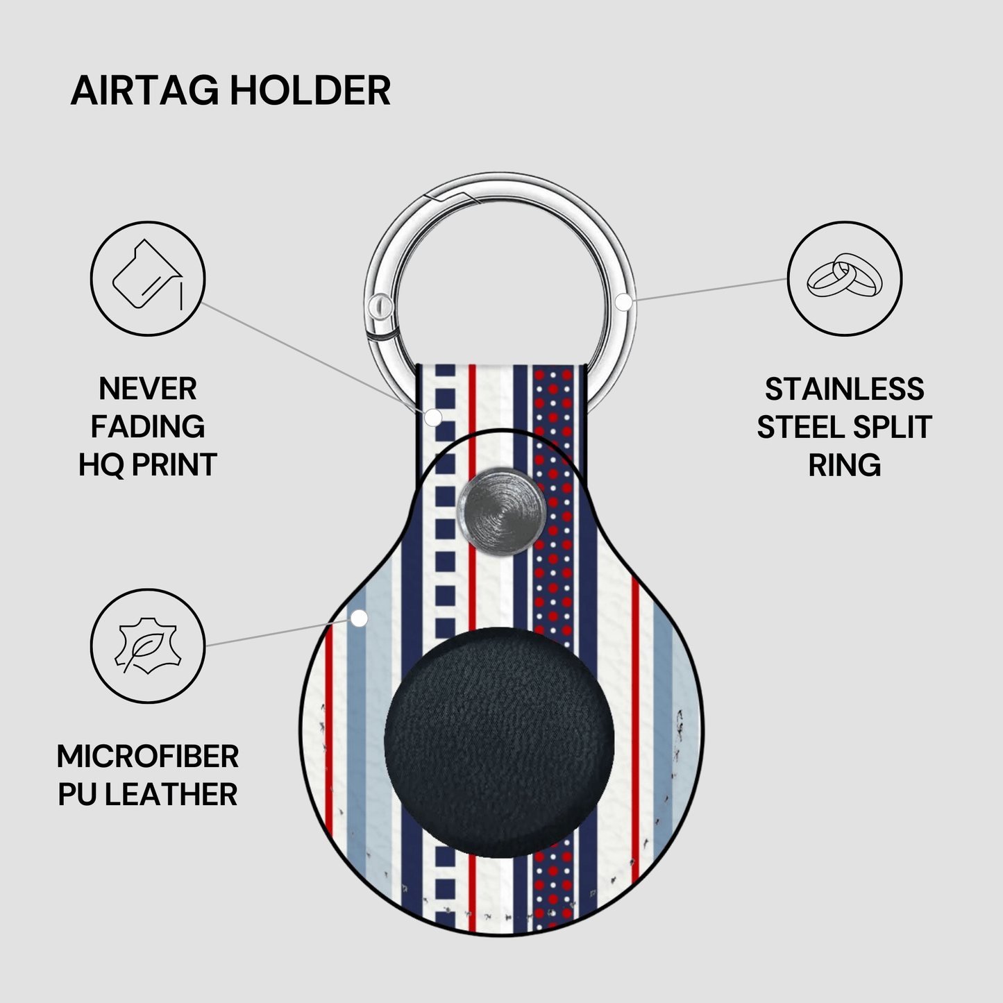 Airtag holder with keychain design on a gray background