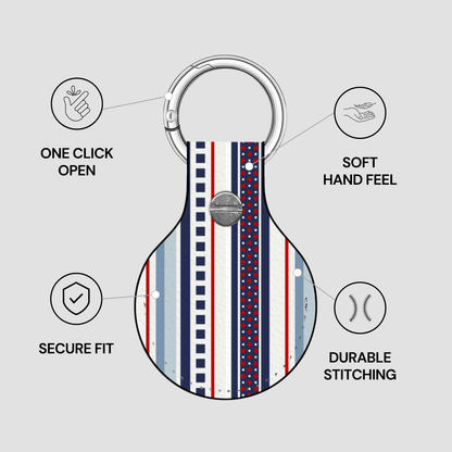 Keychain with striped design on a gray background, featuring text on features.