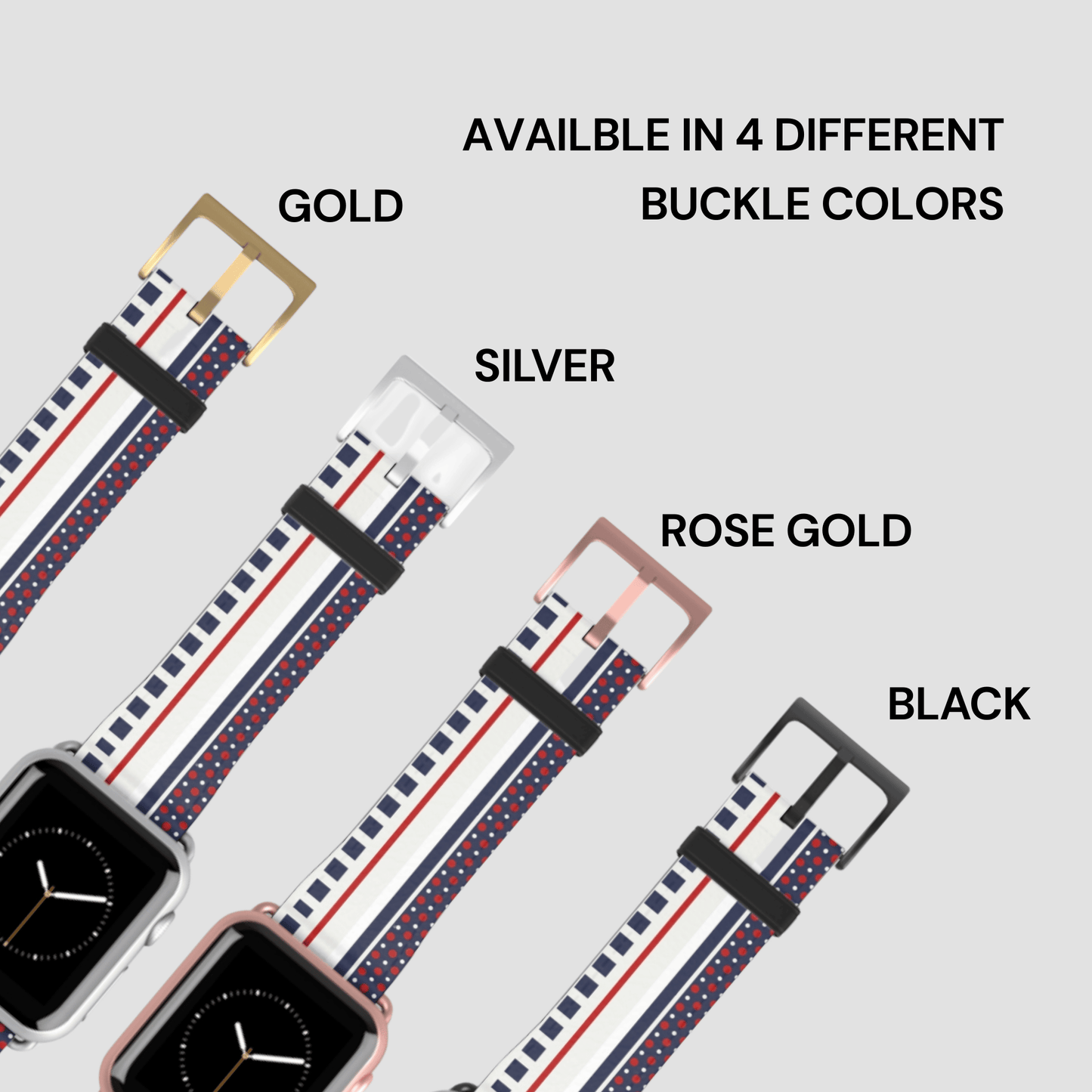 Set of watch straps with different buckle colors on a light gray background