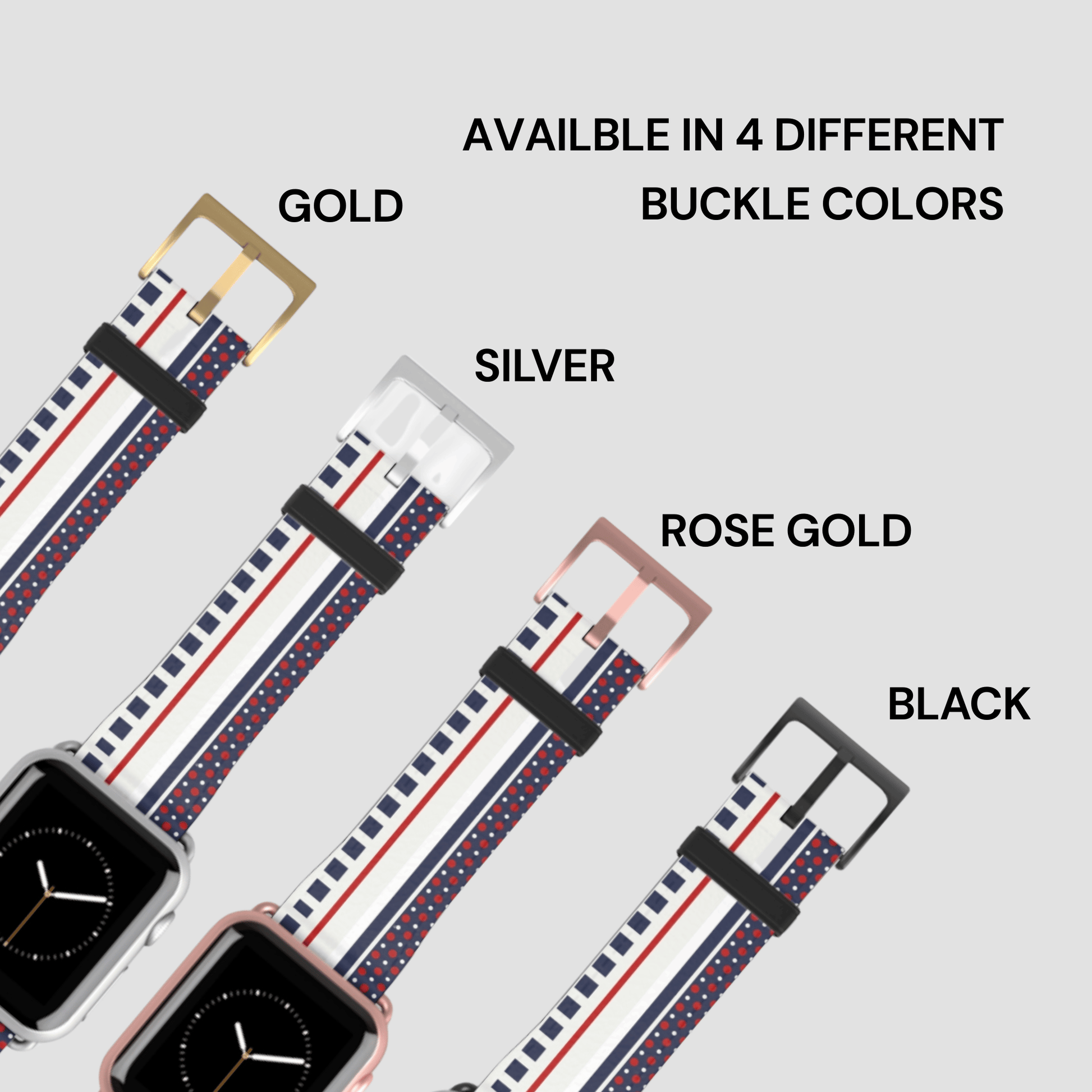 Set of watch straps with different buckle colors on a light gray background
