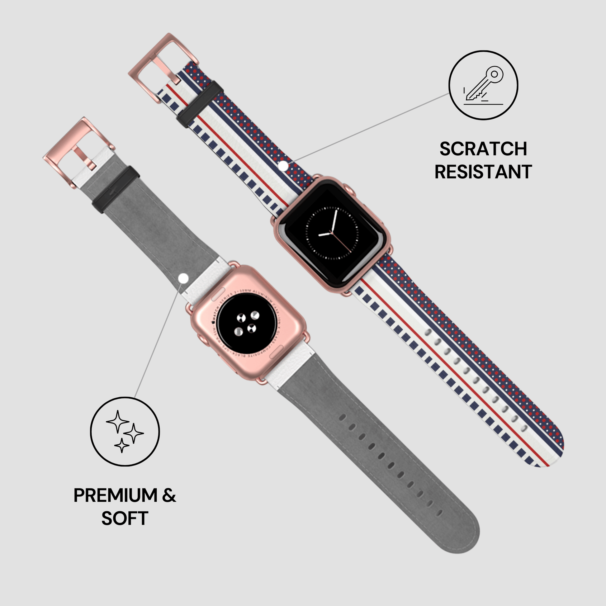 Smartwatch with a patterned band on a light gray background, highlighting scratch resistance and softness.