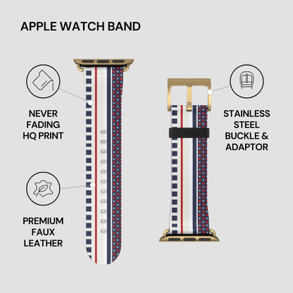 Apple Watch band with features highlighted on a light gray background
