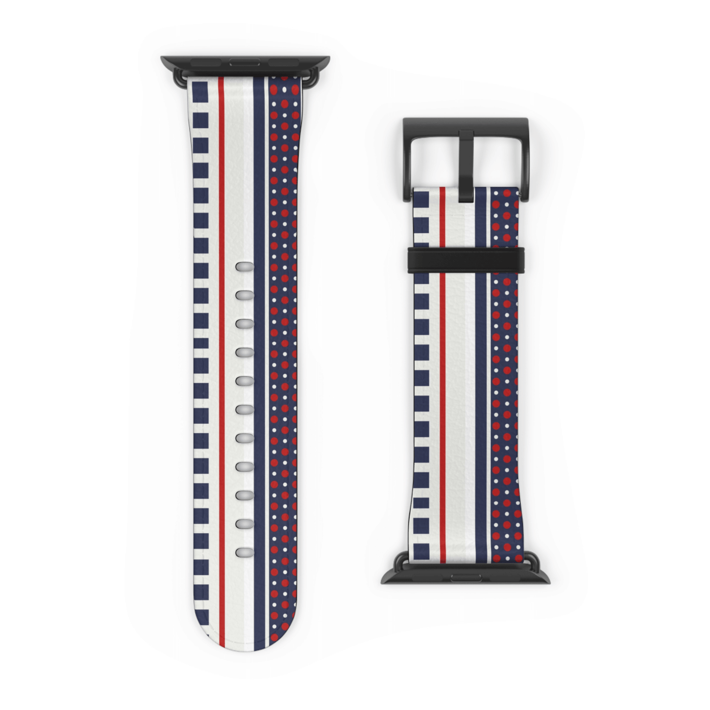 Two watch straps with red, white, and blue pattern on a white background