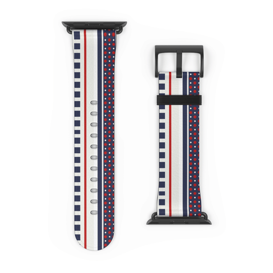 Two watch straps with red, white, and blue pattern on a white background
