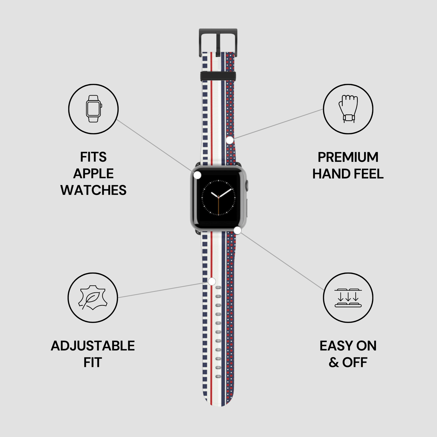 Smartwatch with a strap on a gray background with feature icons and text.