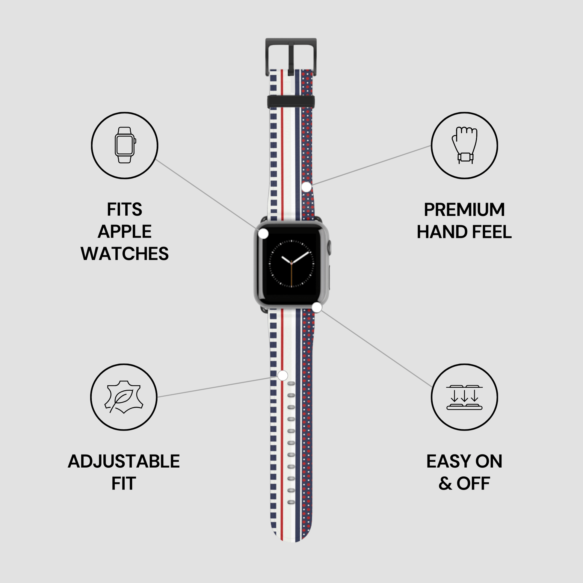 Smartwatch with a strap on a gray background with feature icons and text.