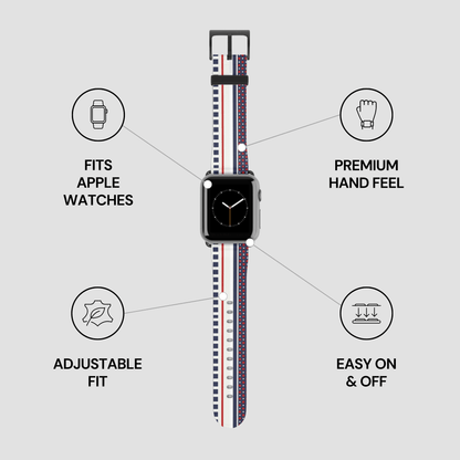Smartwatch with a strap on a gray background with feature icons and text.
