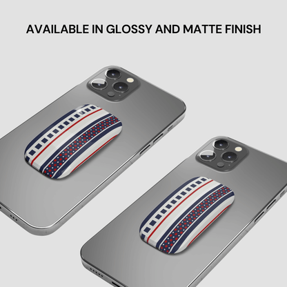Two phone cases with a pattern on a gray background, text indicating finish options.