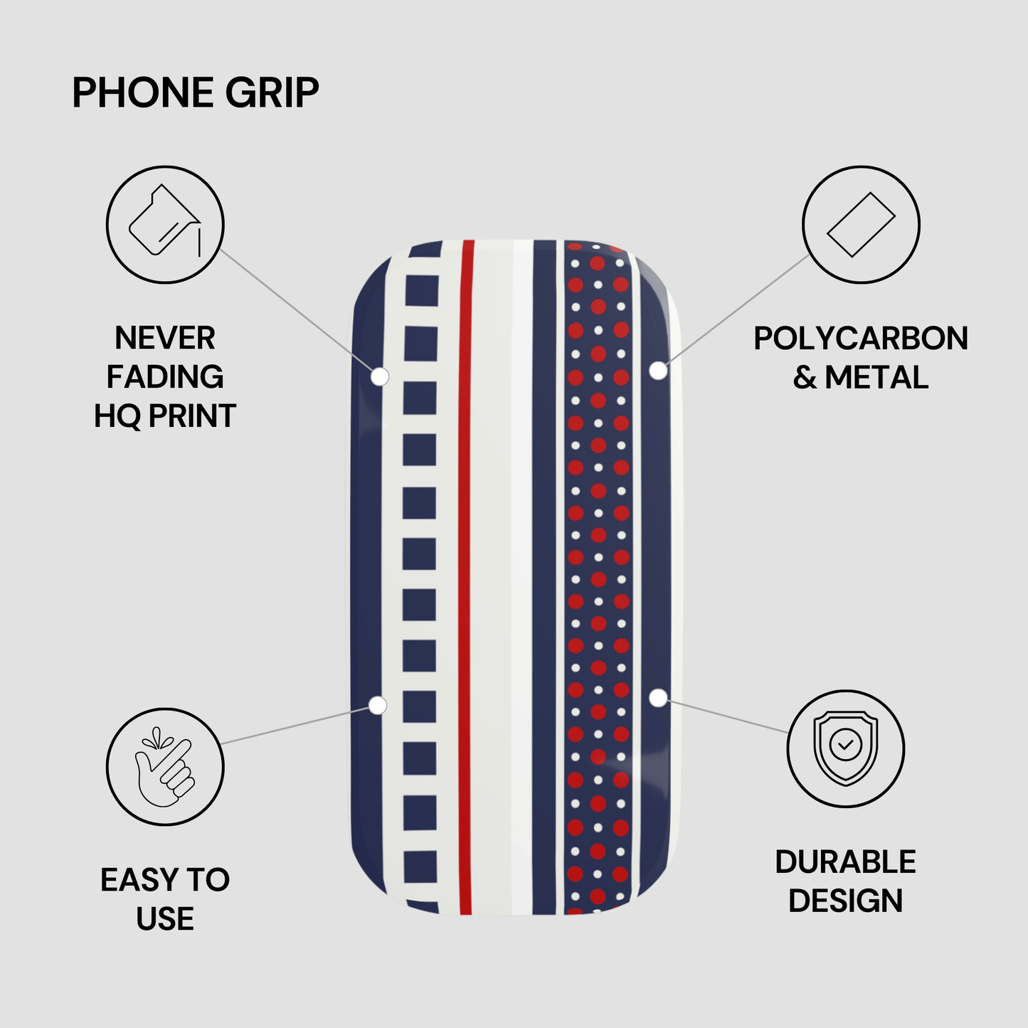 Phone grip with features listed on a gray background