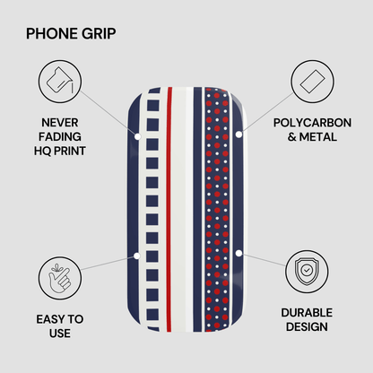 Phone grip with features listed on a gray background