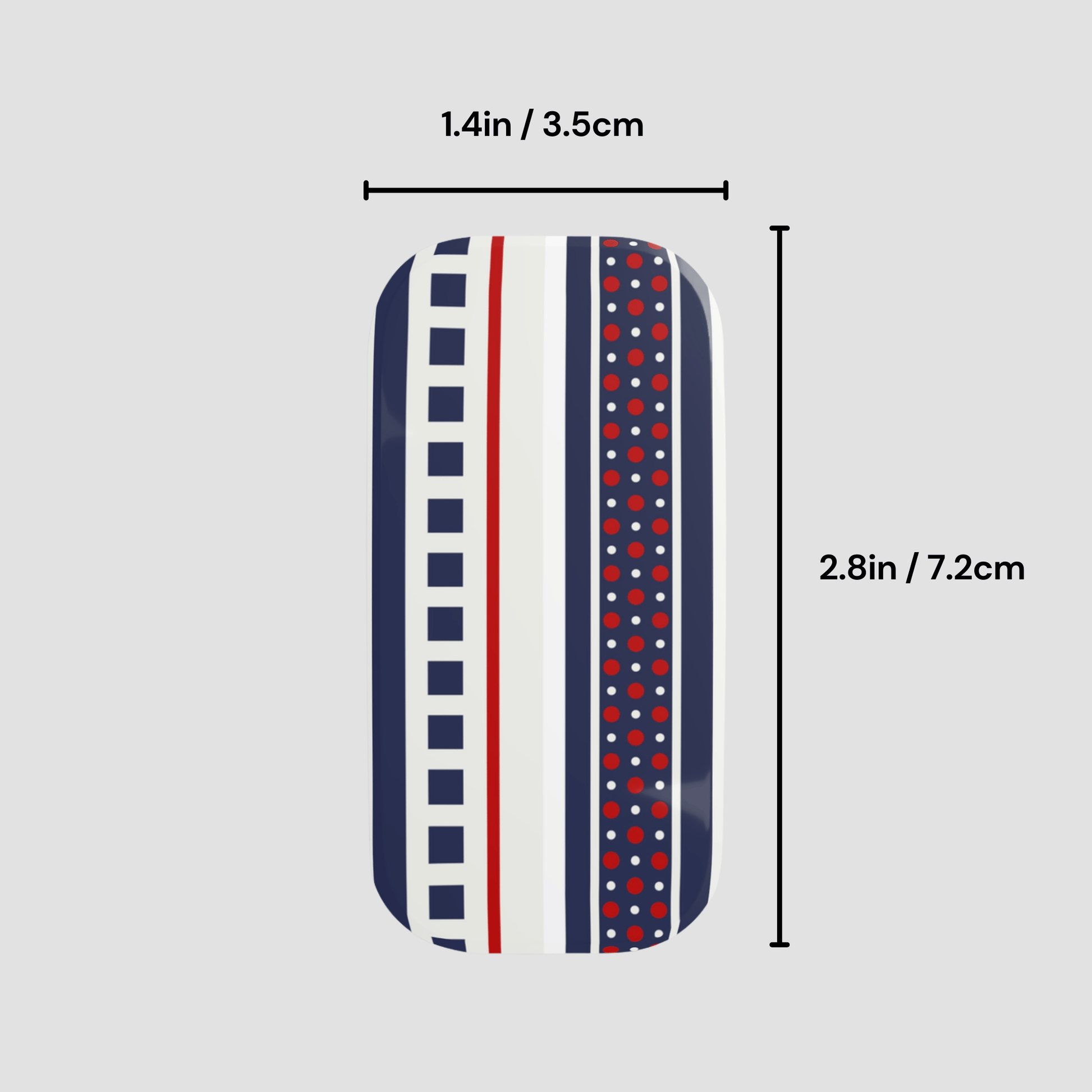 Rectangular mat with striped pattern and measurements on a light gray background
