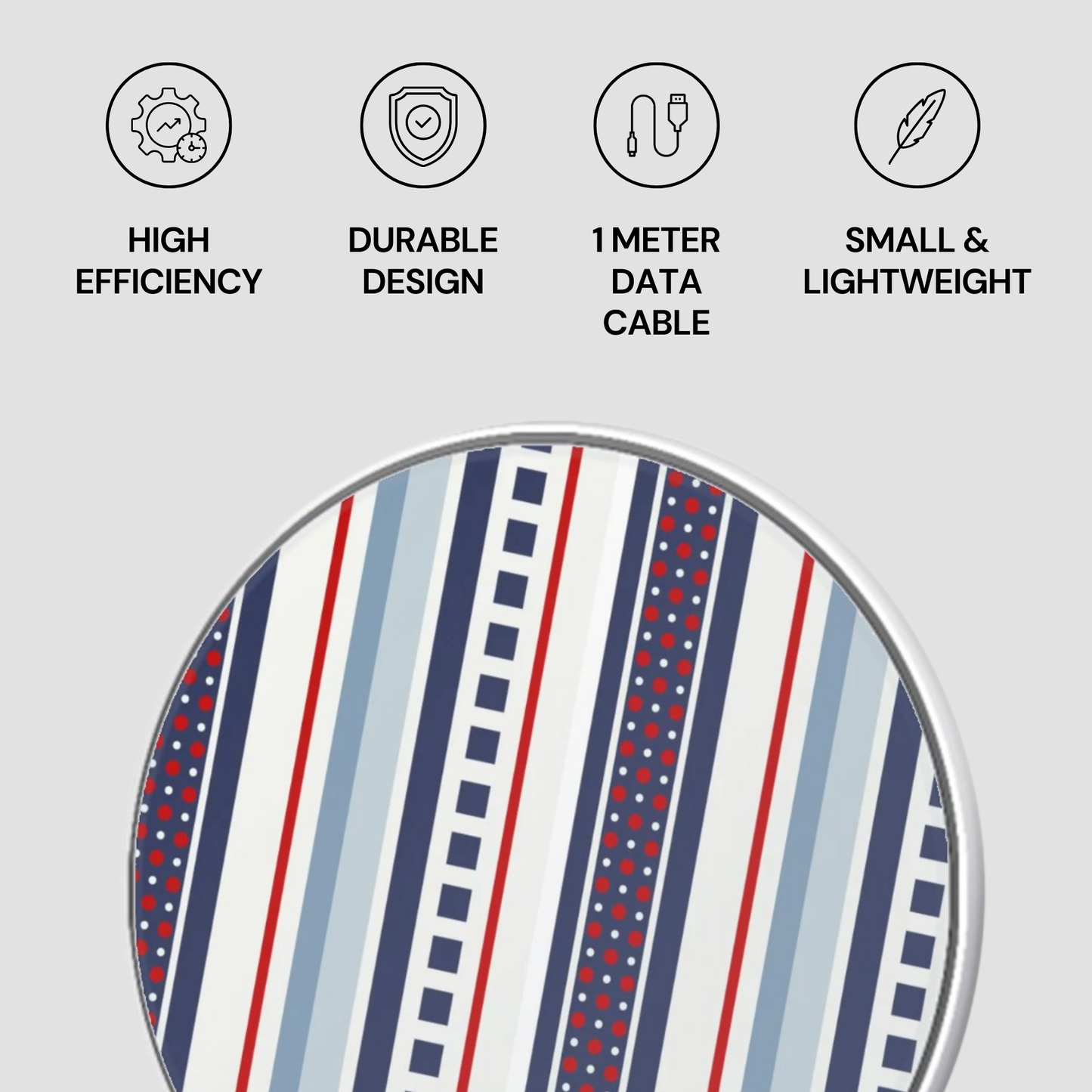 Product with striped design and icons indicating high efficiency, durable design, 1 meter data cable, and small & lightweight features on a light gray background.