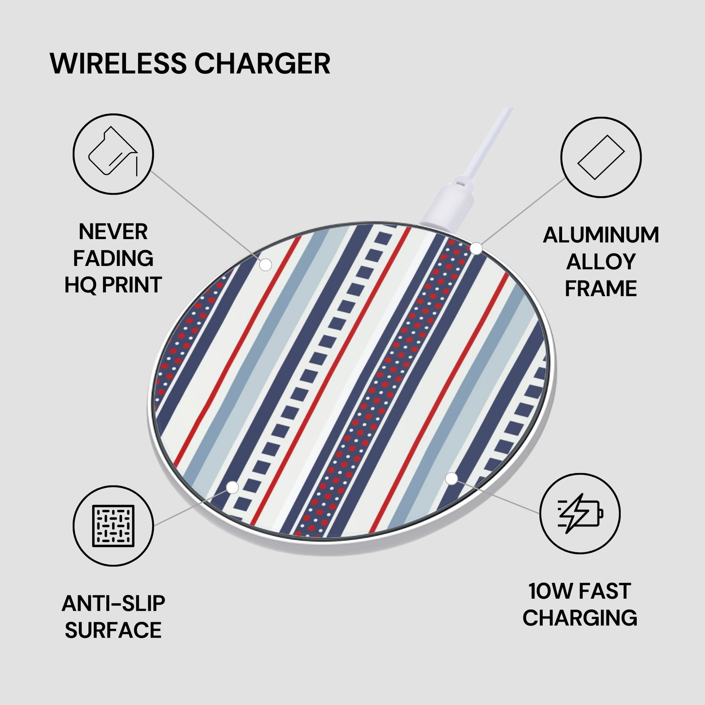 Wireless charger with striped design on a light gray background