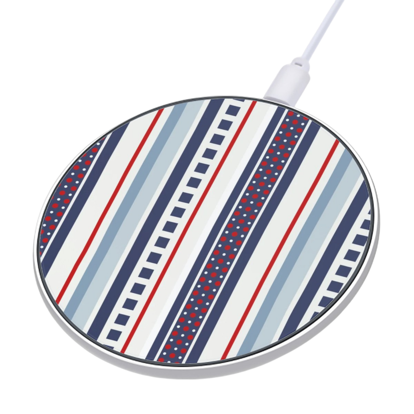 Round wireless charging pad with striped pattern on a white background