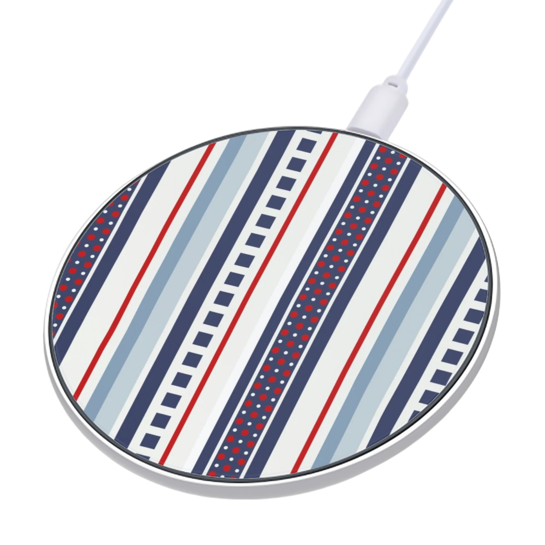 Round wireless charging pad with striped pattern on a white background