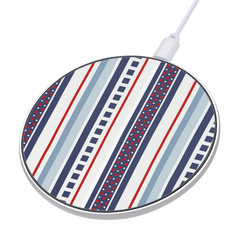 Round wireless charging pad with striped pattern on a white background