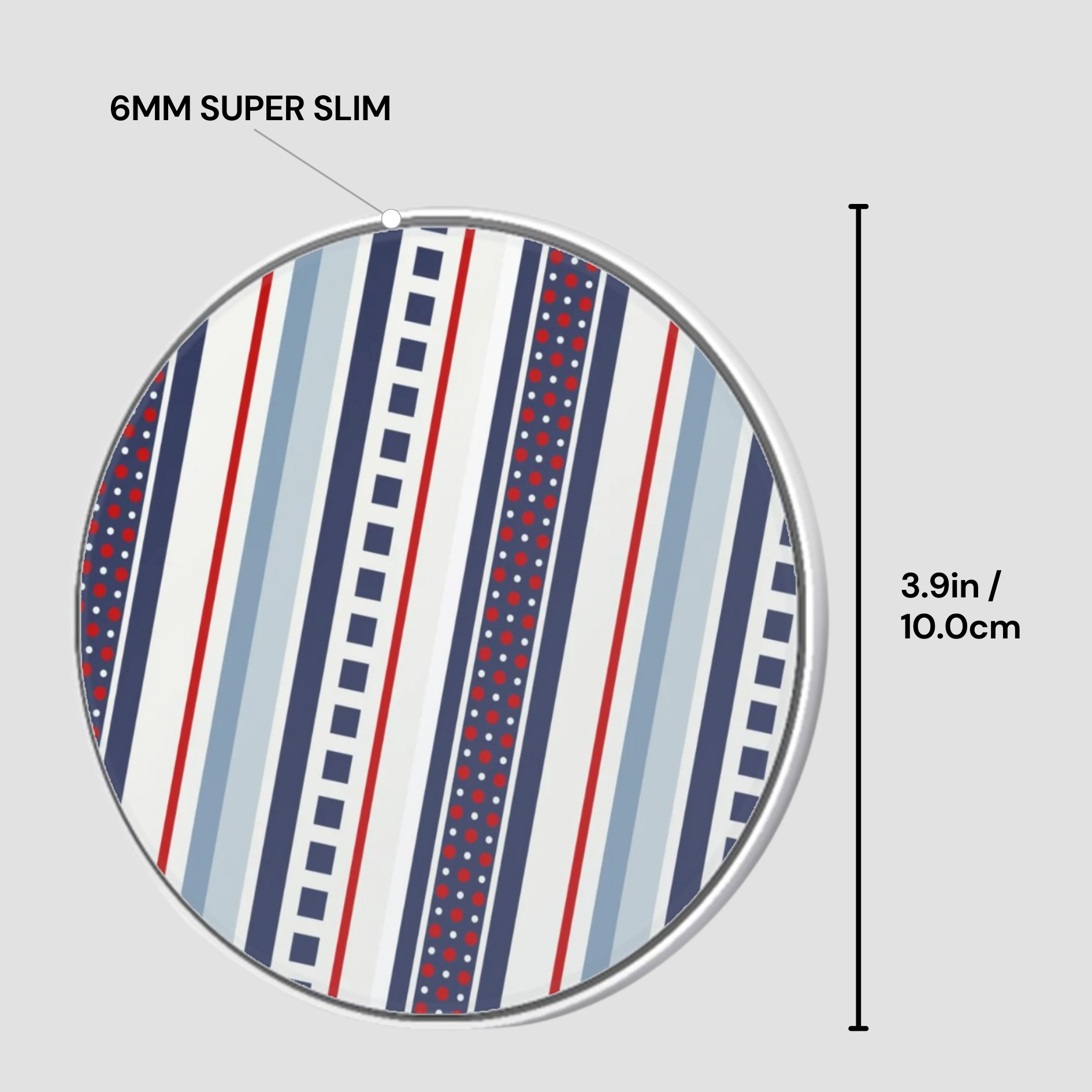 Circular object with striped pattern and measurement details on a gray background