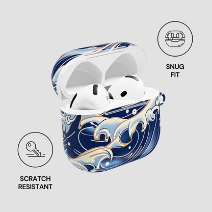Wireless earbuds in a blue and gold case with 'Snug Fit', 'Scratch Resistant' icons on a light gray background. | Casenari