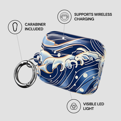 Blue and gold wave-patterned case with carabiner, wireless charging support, and visible LED light on a gray background. | Casenari