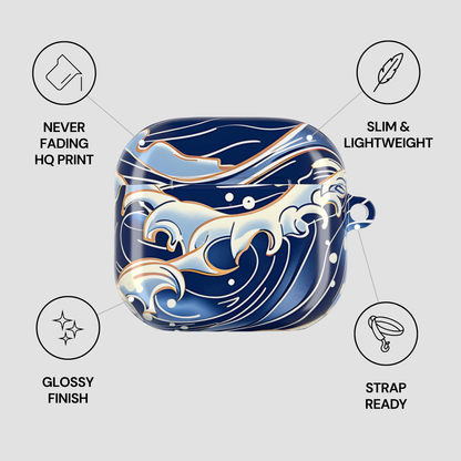 Blue and white wave-patterned product with features listed on a gray background | Casenari