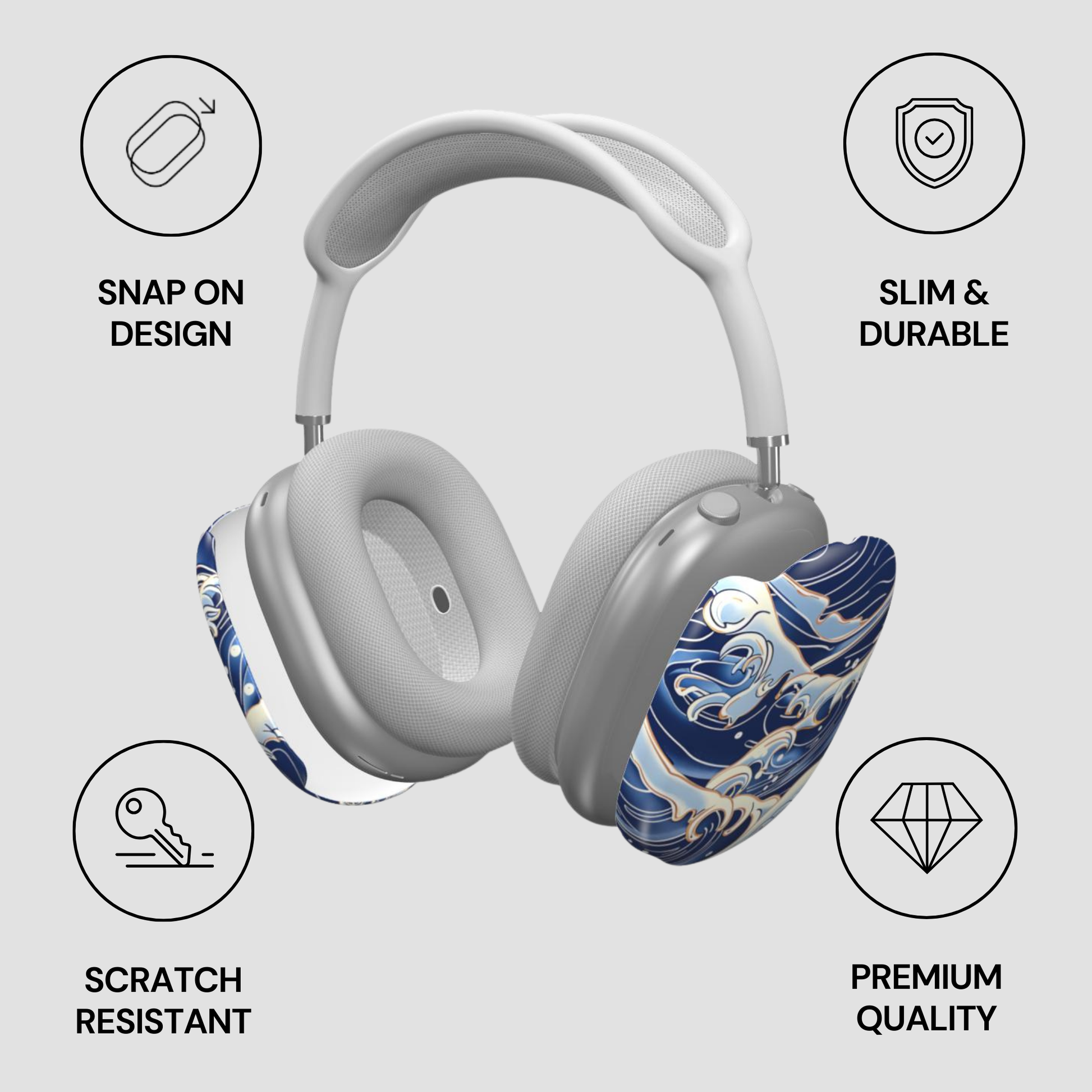 Gray headphones with decorative elements on a light gray background with feature icons. | casenari