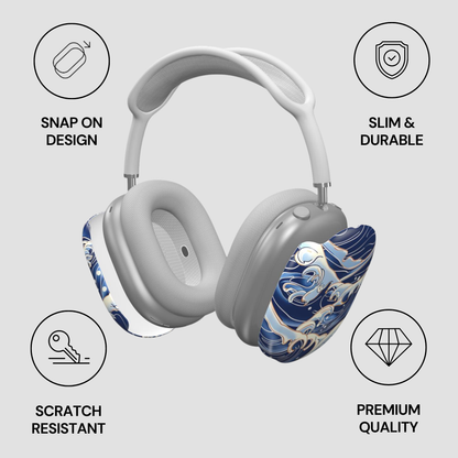 Gray headphones with decorative elements on a light gray background with feature icons. | casenari