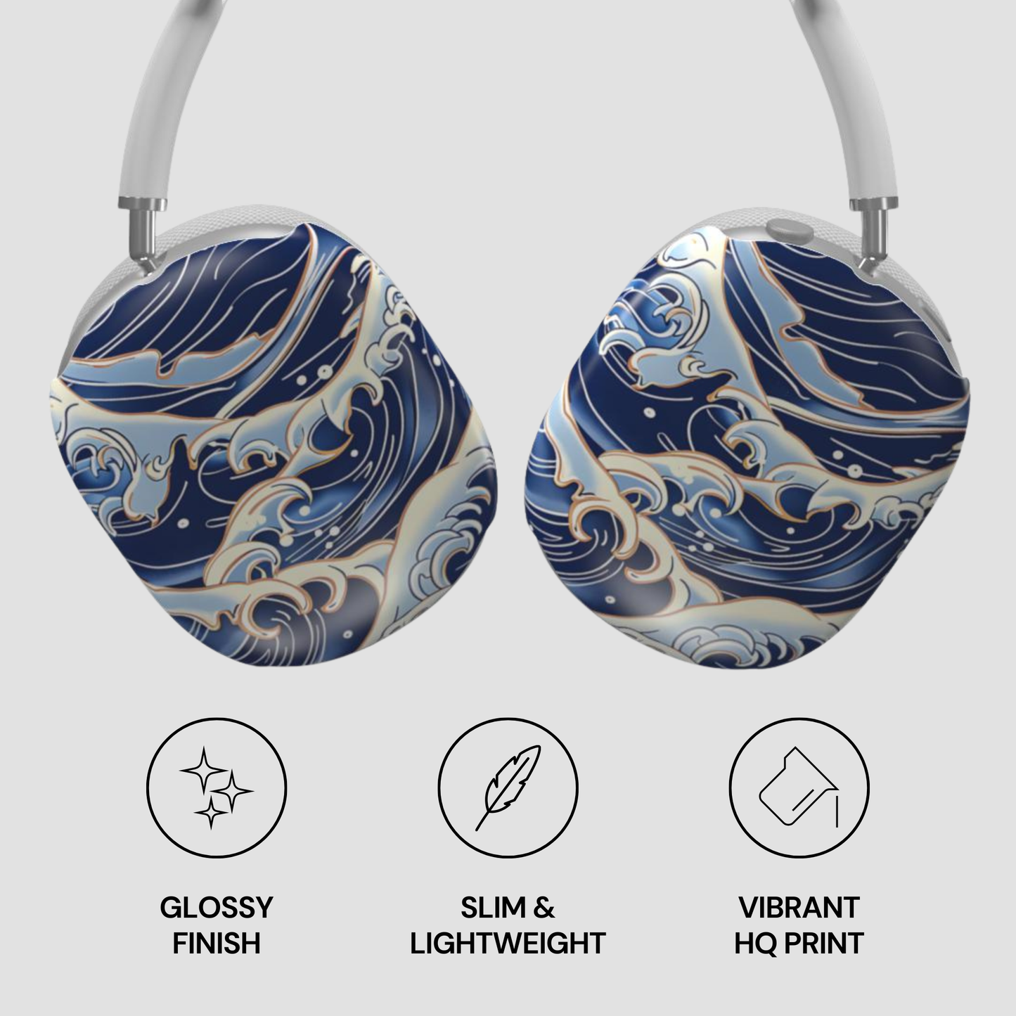 Wireless earbuds with blue and white wave design on a light gray background | casenari