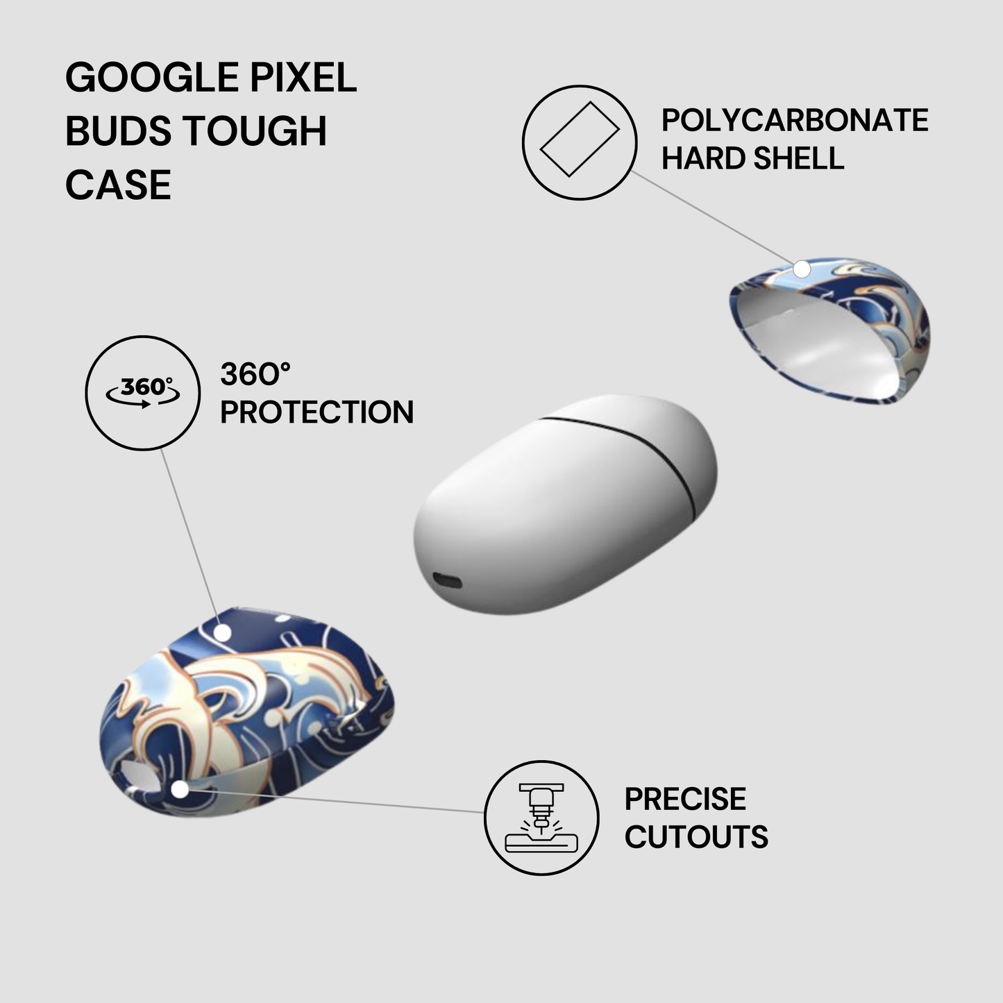 Google Pixel Buds Tough Case with features highlighted on a white background | Casenari