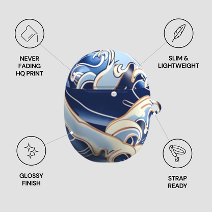 Blue and white patterned product with features listed on a gray background | Casenari