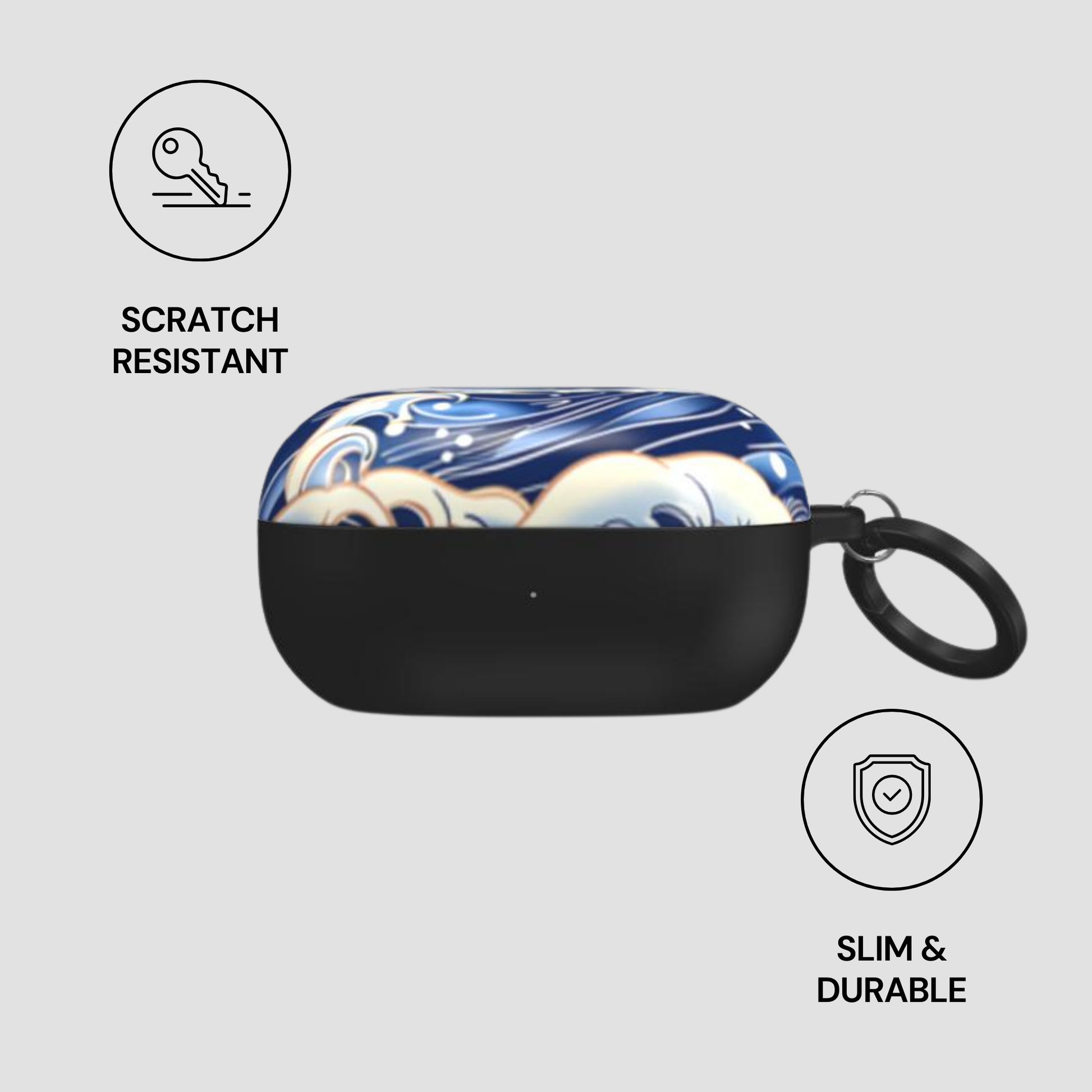 Black case with marbled design on a white background, featuring 'Scratch Resistant' and 'Slim & Durable' icons. | Casenari