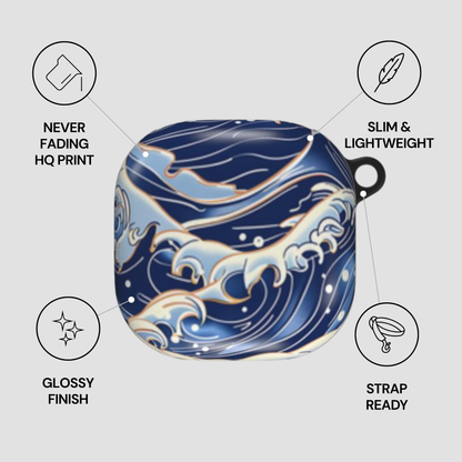 Blue and white wave design case with features listed on a gray background | Casenari