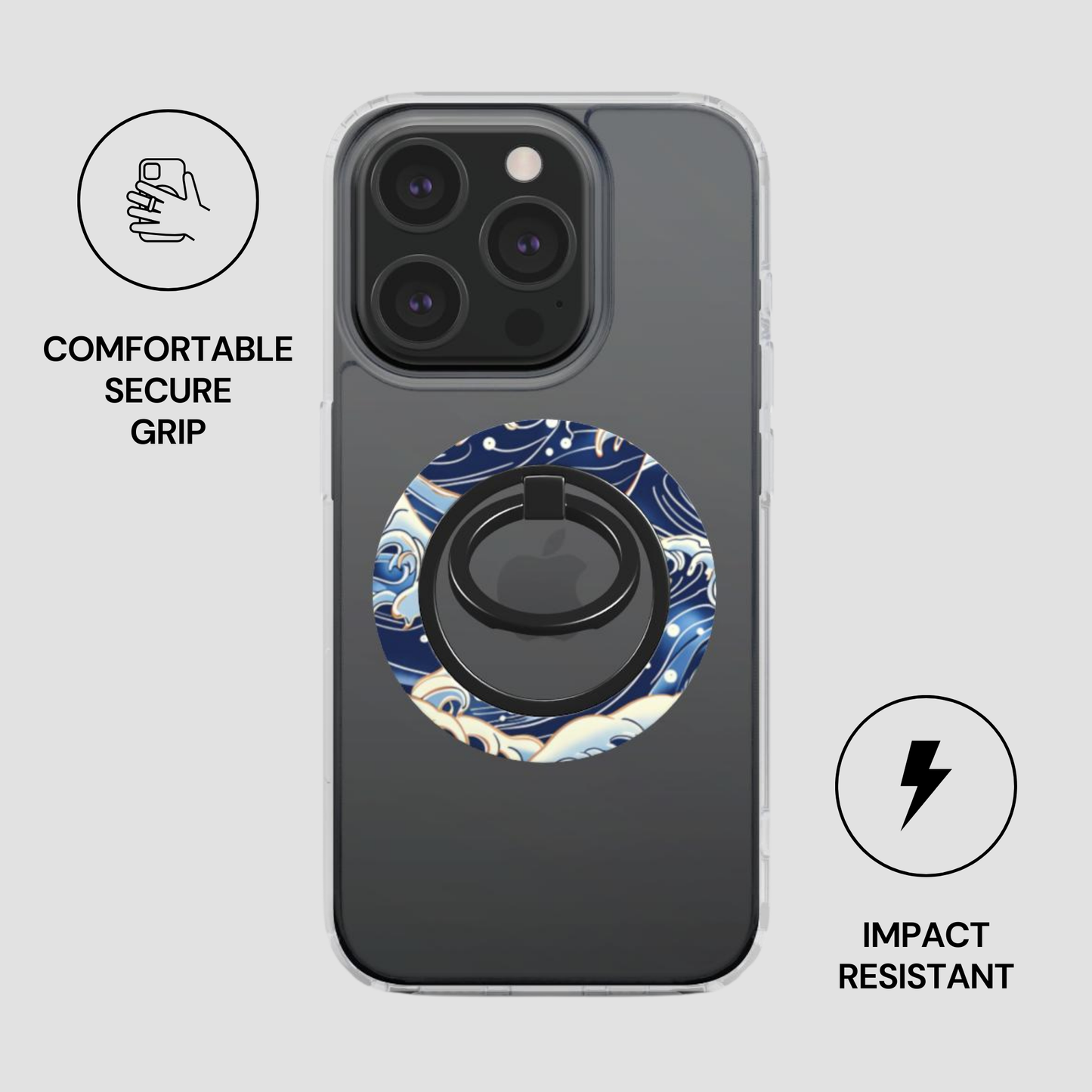 Phone case with ring holder and wave design on a gray background - Casenari