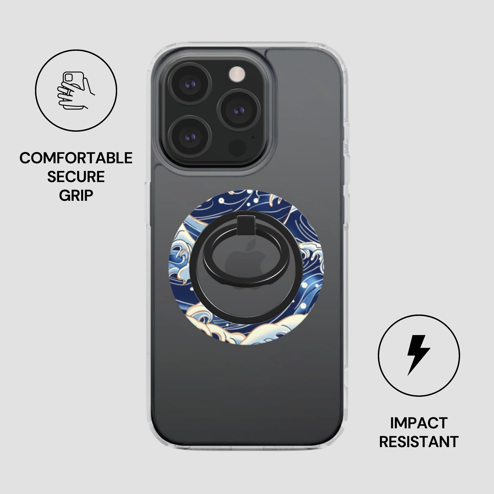 Phone case with ring holder and wave design on a gray background - Casenari