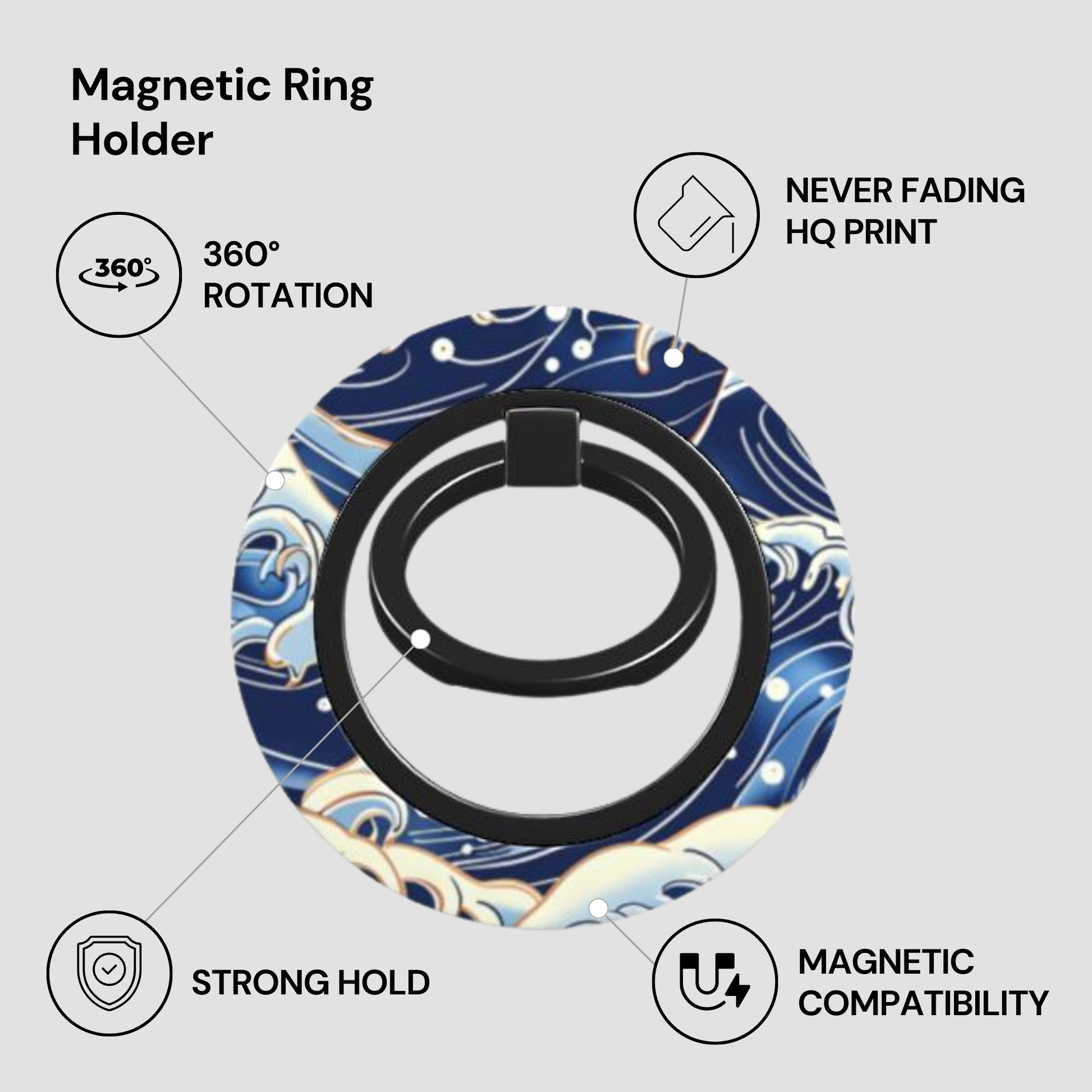 Magnetic ring holder with wave design on a gray background - Casenari