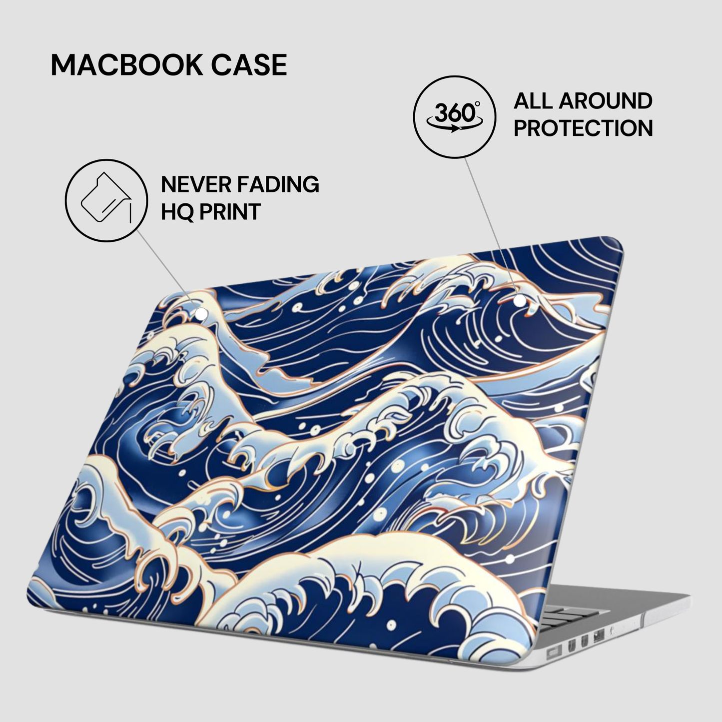 Laptop case with wave design and text highlighting features on a white background | Casenari