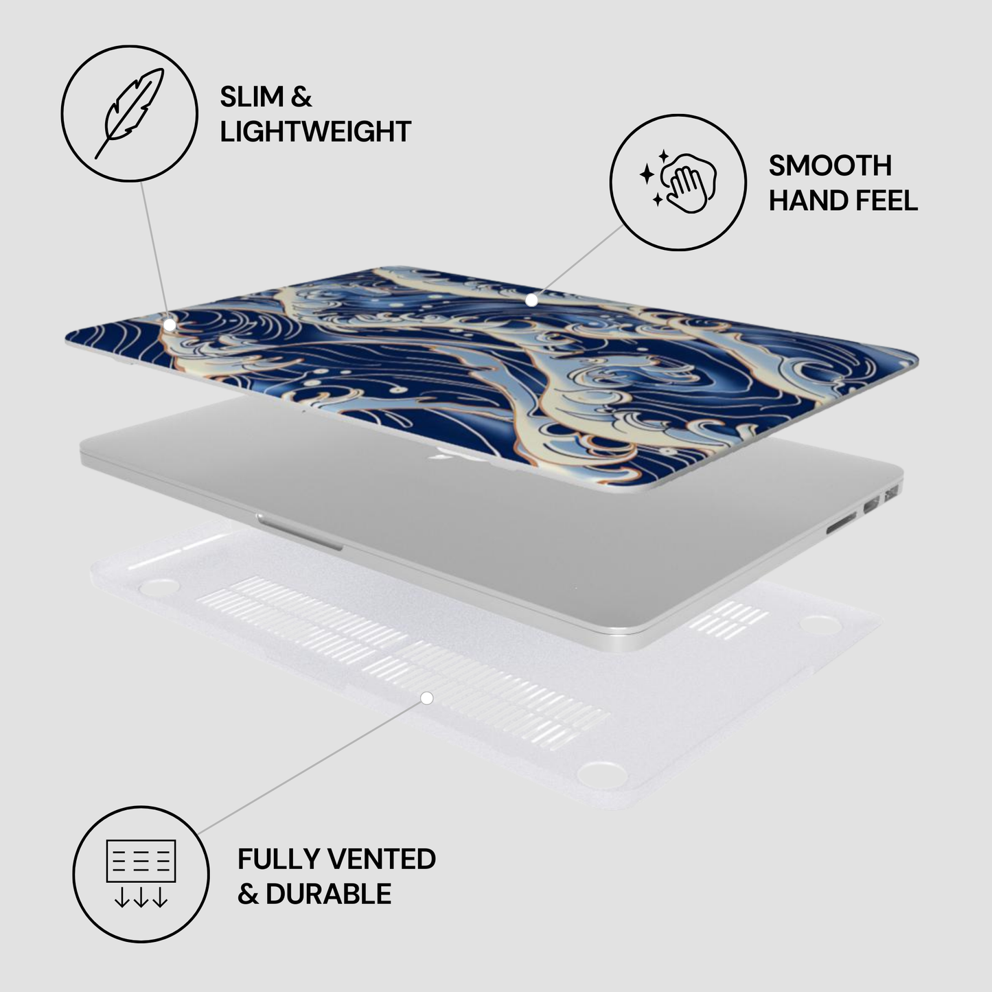 Laptop with a blue and gold marbled design on a white background, featuring text labels about the product's features. | Casenari
