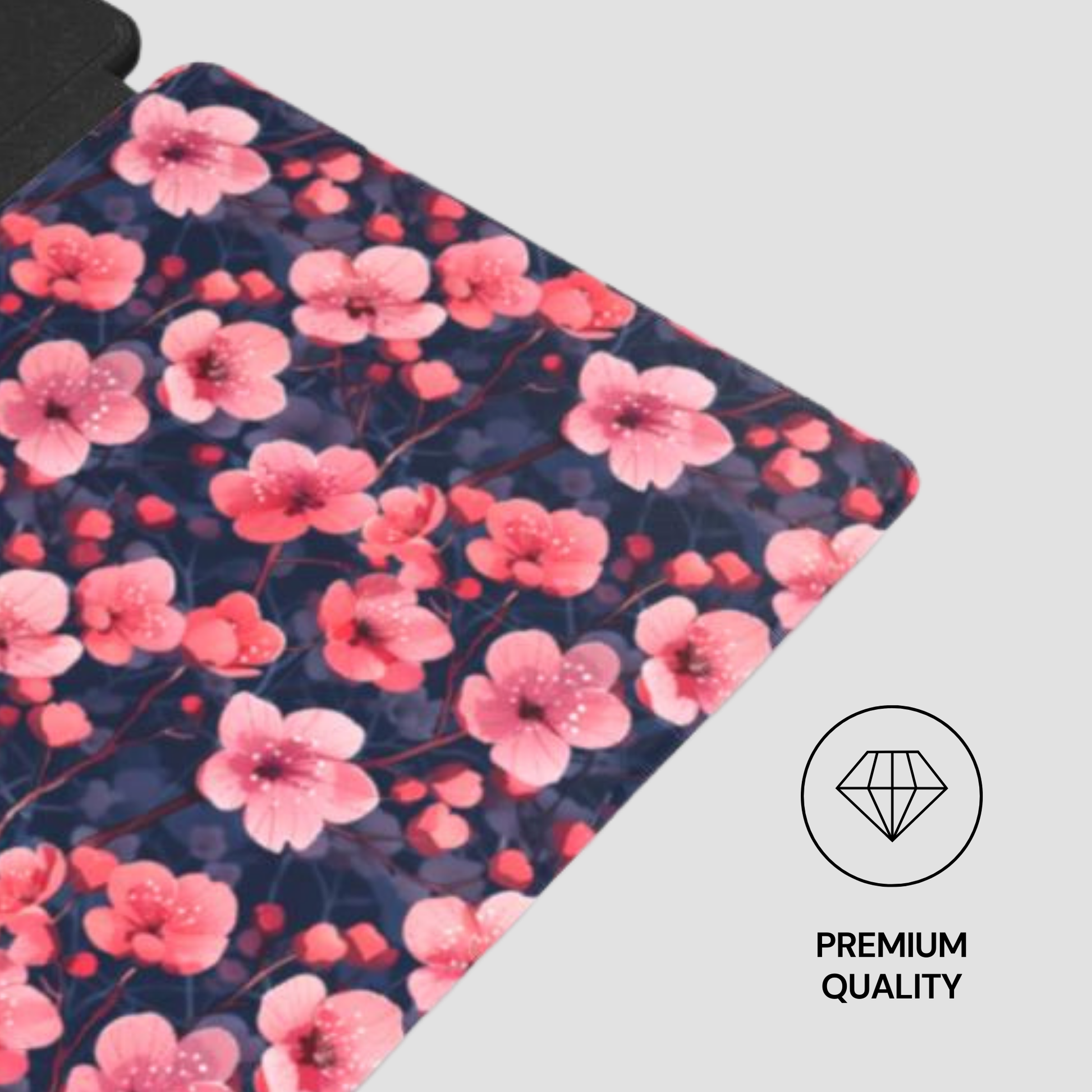 Floral patterned mat with pink flowers on a dark blue background, featuring a 'Premium Quality' label.